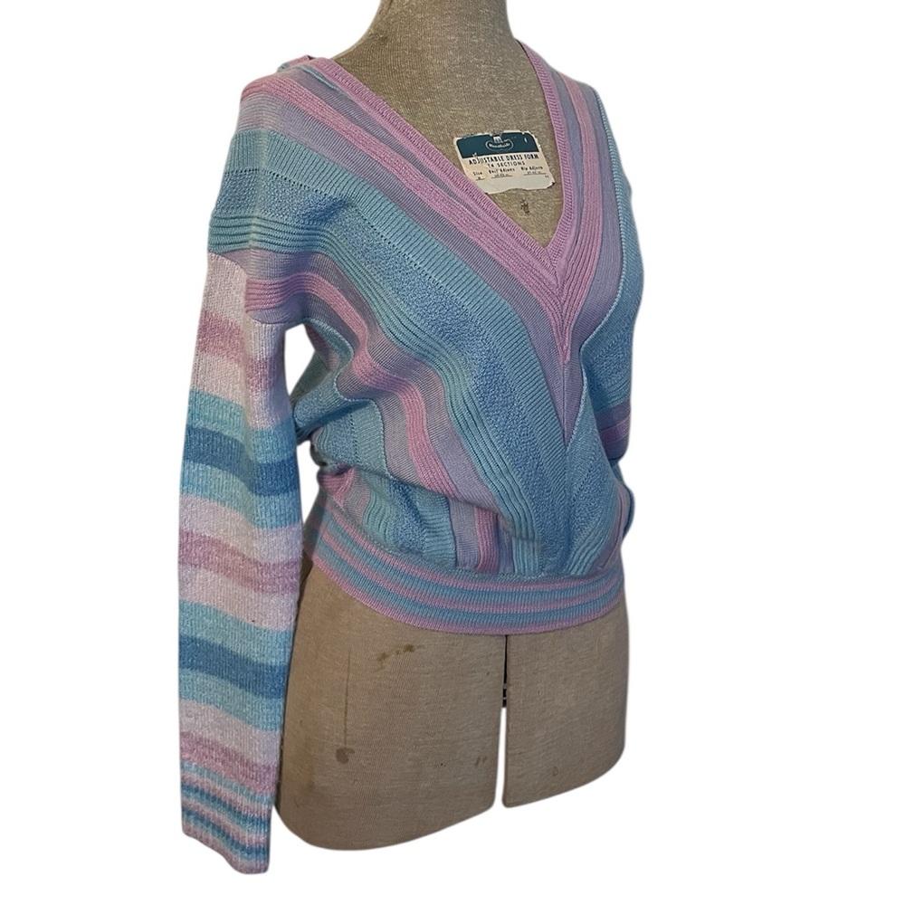 Tularose Kinsley Striped V-Neck Sweater Pink Blue - Picture 5 of 15